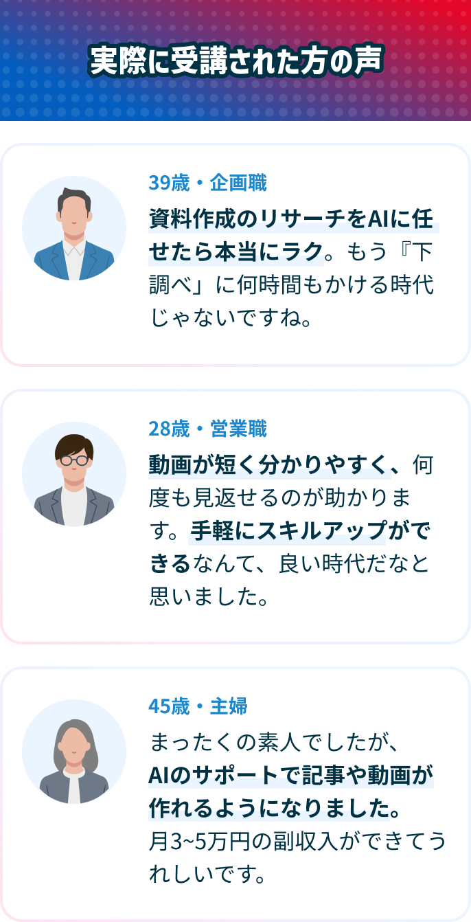 ゼロからAIを実際に受講した人の声。事務職の方はAIが仕事に役立つと実感。営業職の方は短い動画で繰り返し学べると高評価。学習中の受講者は英文サポート機能が便利でプレミアムプランを選んで良かったと回答。